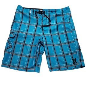 Hurley Plaid Board Shorts Men's Swim Trunks Blue Black White Drawstring
